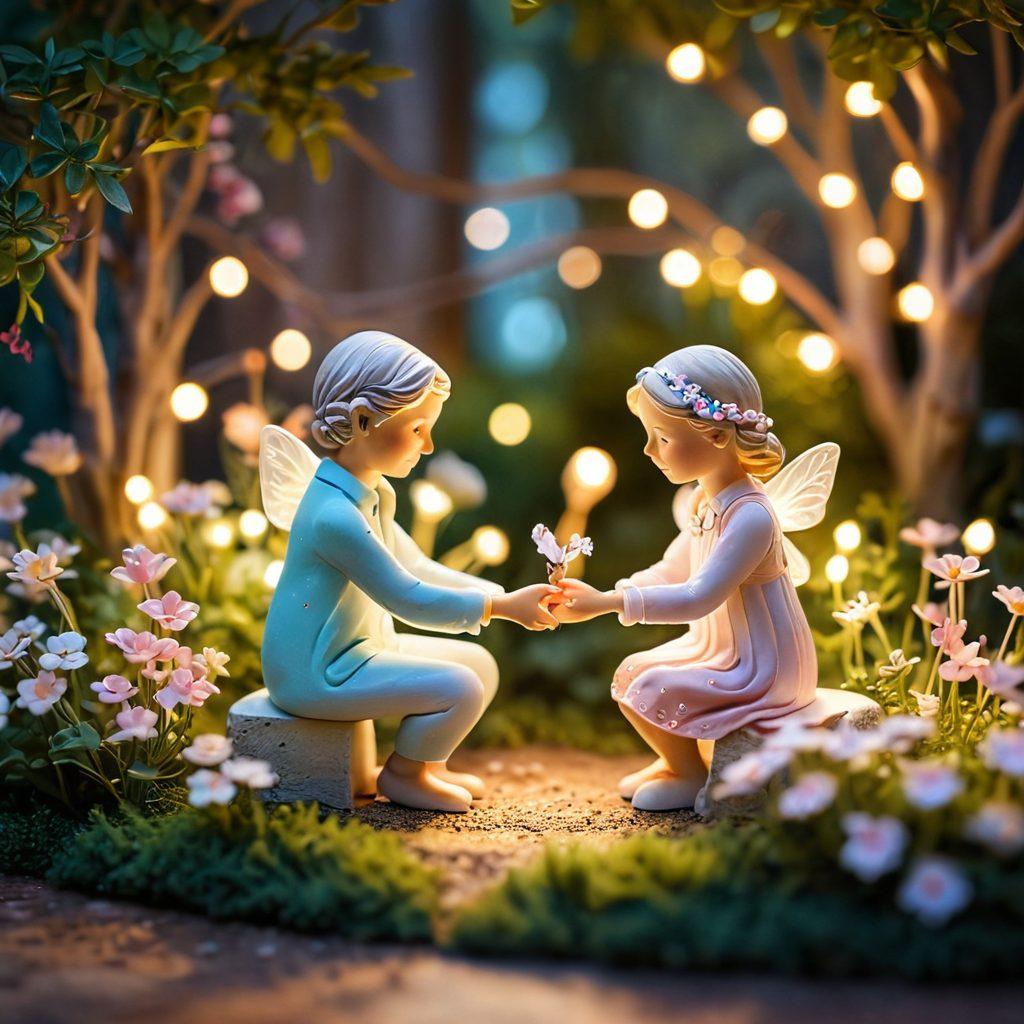 A cozy scene depicting two miniature figurines holding hands in a whimsical garden filled with tiny flowers and twinkling fairy lights. The setting should evoke feelings of warmth and intimacy, with soft pastel colors and gentle sunlight filtering through the leaves, creating a dreamy atmosphere. Capture the essence of love and connection in a small, enchanting world. vibrant colors. 3D. whimsical.
