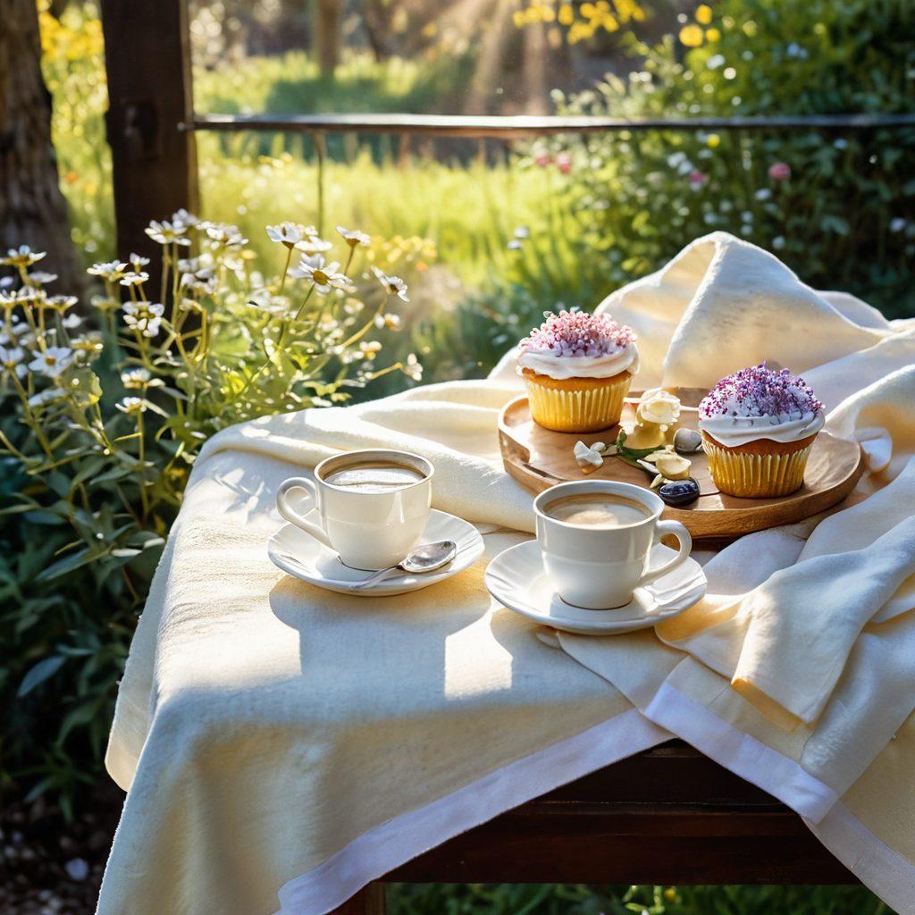 A cozy, intimate setting featuring two small coffee cups on a tiny table, surrounded by blooming wildflowers and a soft blanket. In the background, warm golden sunlight filters through trees, casting gentle shadows. Two hands delicately reaching for a cupcake, symbolizing shared moments of joy. Enhance the image with a soft focus for a dreamy effect. watercolor style. vibrant colors.