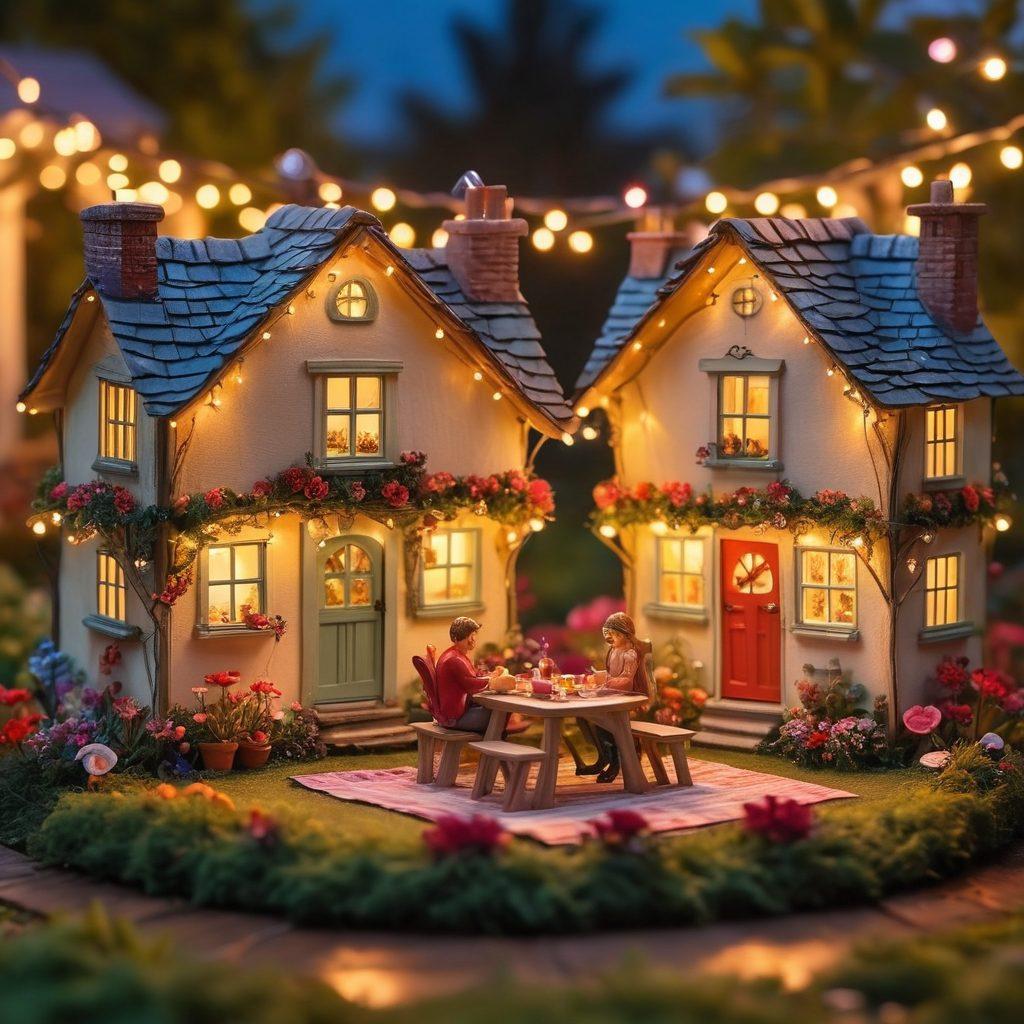 A whimsical scene depicting miniature love, featuring small interconnected heart-shaped cottages surrounded by vibrant flowers and twinkling fairy lights. A couple of tiny figurines can be seen sharing a cozy picnic under a large, colorful festoon. The atmosphere is warm and inviting, encapsulating intimate connections against a dreamy sunset backdrop. super-realistic. vibrant colors.